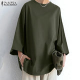 Womens Baggy Solid Blouse ZANZEA 2022 Vintage Flare Sleeve Tops Casual Autumn Blusas Female Split Tunic Oversized