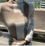 New Cashmere Sweater Women's High-Neck Color Matching 100% Pure Wool Pullover Fashion Plus Size Warm Knitted Bottoming