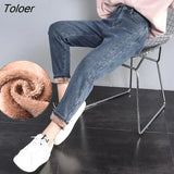 Jeans Pants For Women Plus Size Winter Blue Light blue Solid Skinny Fleeces Thick Pencil Pants with Velvet Denim