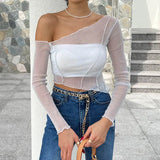 Color Sparkly Hollow Mesh Slant Shoulder Irregular Collar Sexy Women Crop Top-Outfit