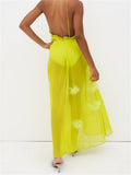Sexy Women Summer Beach Long Dress Sleeveless Halter Tie-up Backless See-through Flower Split Dress Ruffles Vestidos-Outfit