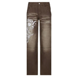 y2k Printed Blue Jeans Kawaii Baggy Straight Trousers Retro Streetwear Pockets Zipper Denim Joggers Women Hot Mom