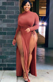 Plus Size Sexy High-Neck Long Sleeve Wasit Tie Slit Long