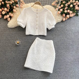 Summer Fashion Elegant Sweet Chic Women Skirt Sets Puff Sleeve Thin Suit with Skirt Short Top High Waist Skirt 2 Piece