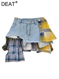Women's Denim Skirt Colored Plaid Patchwork Irregular Deconstructed A-line High Waist Mini Skirt 2024 Summer New Fashion-Outfit