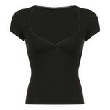 Girls Sexy V-Collar Lace Stitching Solid Color Short-Sleeved Basic Casual Short-Sleeved Blouse 2024 Summer New Style-Outfit