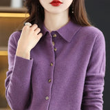 Elegant Wool Knit Cardigan Sweater Women Jacket Loose Polo Collar Outer Solid Button Knit Shirt Tops French Clothes