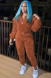 Casual Fleece Zipper Long Sleeve Top And Pant 2 Piece