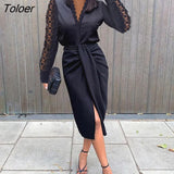 V-neck Black Lace Dress Sets Women Casual Long Sleeve Office Lady Midi Outfits 2022 Spring Fashion Split Suits 2 Piece