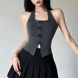 y2k Grey Sleeveless Slim Split Vest Women Bow Stitched Halter Tank Top Chic Fashion Crop Tops 90s Vintage Clothes-Outfit