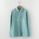 New Fine Women's Tops Flowers Embroidery Shirts Woman Long Sleeve Blouse White Green Lady Loose Cotton Shirts