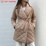 Winter Spring Mid-length Women's Parkas Black Cotton Padded Lace Jacket Light Thin Fashion Elegant Quilted Coats for