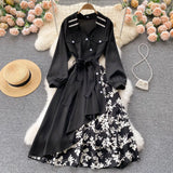 Design Fashion Irregular Dress Women Chic Splice Floral A-line Dresses Autumn Korean Streetwear Midi Dress 2021