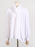 Toloer 2024 New Fashion Temperament Pure Color Scarf Collar Pleated Splicing Design Sense Sleeve Long Sleeve Women's Shirt-Outfit