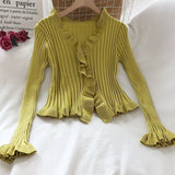 Korean Sweet Summer Cardigans Vintage Office Lady V Neck Flare Long Sleeve Ruffles Sweaters Japanese Knitwear