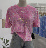 Sequin Short Sleeve T-Shirt 2025 Spring And Summer Korean Version Of Loose Night Club Bling Top
