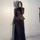 Autumn New Solid Fashion Splicing Design Round Collared 100-Folded Dress