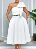 Large-Size Women's Summer New Fashion Slanted Shoulder Bow Banquet Dress African
