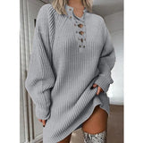 2022 Autumn Winter Sweater Dress Solid Color V Neck Lace Up Knitted Mini Dress Casual Loose Elegant Thick Warm Sweater