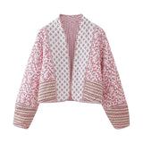 Winter Pink Paisley Print V Collar Reversible Quilted Coat Women Quilting Full Sleeve Warm Bomber Jacket-Outfit