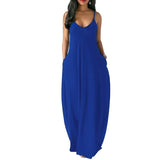 Casual Long Dress Summer 11 Colors Solid Short Sleeve Maxi Dresses Fashion Pocket V-neck Female Loose Dress Robe