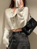 Crop Tops Women Casual Elegant White Knitted Cardigan Office Lady Pure Color Korean Sweater Coats Female 2022 Autumn
