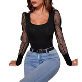 Toloer Women's Wear 2024 Summer New U Collar Mesh Sleeve Splicing Pure Color Versatile Show Thin Temperament T-Shirt Women's Top-Outfit