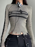 Patchwork Print Long Sleeve Jumpers Ripped Vintage Sweater for Women Autumn Winter Basic Pullovers Street Style-Outfit