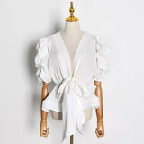 Elegant Loose Women Shirt V Neck Puff Half Sleeve Tunic Lace Up Bow Patchwork Ruffles Blouse Female Fashion