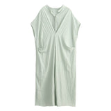 Fold Pleated Oversized Dress For Women Stand Collar Short Sleeve Loose Solid Midi Dresses Female Fashion