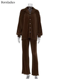 Causal Loose Home Suit Long Sleeve Blouse With High Wasit Pants Set Women Elegant Pleated Beige 2 Piece Pant