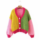 Sweet Chic Contrast Colors Patchwork Handmade Cropped Cardigans Women Fashion Button-up Hand Knitted