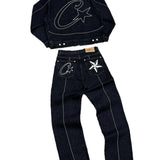 Devil Island Denim Suit High Street Western Denim Jacket Baggy Jeans Trend Card-Outfit
