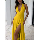 Women's New Hanging Neck V Tie Strap Bare Back Open Dress