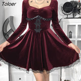 Cross Sexy Purple Dress Vintage Velvet A Line Lolita Dress Aesthetic Gothic High Waist Ladies Club Party