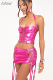 Silver Halter Drawstring 2 Two Piece Sets Summer Outfits For Women 2023 Sexy Hellow Out Mini Skirts Sets Backless