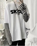 Sleeve Harajuku T-Shirt Women'S Stitching Long Sleeve T-Shirt Stripe Printing O-Neck Chic Tops 2022 Summer