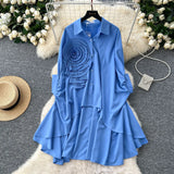 Version Of High-End Sense Polo Collar Shirt Women Autumn Three-Dimensional Flowers Loose Irregular Folding Tail Design