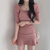 South Korea Chic Sweet Temperament Square Collar Exposed Clavicle Pits Slim Puff Sleeve Short Dress