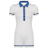 Solid Playsuits Single-Breasted Short Sleeve Bodysuits Vintage Biker Overalls Women Turn Down Collar Jumpsuits