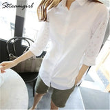 Summer Loose Shirt Women Hollow Out Cotton White Shirts Long Sleeve Embroidered Office Wear Shirt For