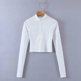 elegant high neck zipper front knitted sweater women solid basic cropped pullover fashion clothing