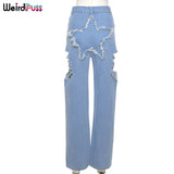 Puss 5 Star Patchwork Y2K Pants Baggy Women High Waist Jeans Hip Hop Trend Hole Casual Streetwear Straight Denim