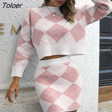 Sweater Two Piece Sets Womens Outfits Casual Plaid Crop Top High Waist Pink Mini Skirts Sets Autumn Winter Knitted