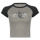 Summer Hot Girls Hipster Street Retro Round Collar Shoulder Collision Wing Printed Short-Sleeved T-Shirt-Outfit