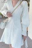 Lace-up Lantern Sleeve A-line Knitted Dress Temperament V-Neck Twist Pattern Knit Sweater Dress Women Autumn Winter