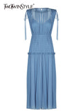 TWOTWINSTYLE Ruched Tank Dress For Women Round Neck Sleeveless High Waist Solid Minimalist Midi Dresses Female Summer