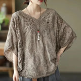 Embroidery Summer Blouse 2023 Loose Butterfly Bat Sleeve Lace Shirt Woman Hollow Solid Fashion Women Blouses Tops