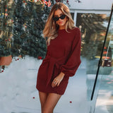 Chiffon solid color plus size loose simple lantern sleeve dress belt slim temperament women's clothing 2020