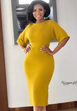 Yellow Formal O-Neck Short Sleeves Solid Pencil Midi